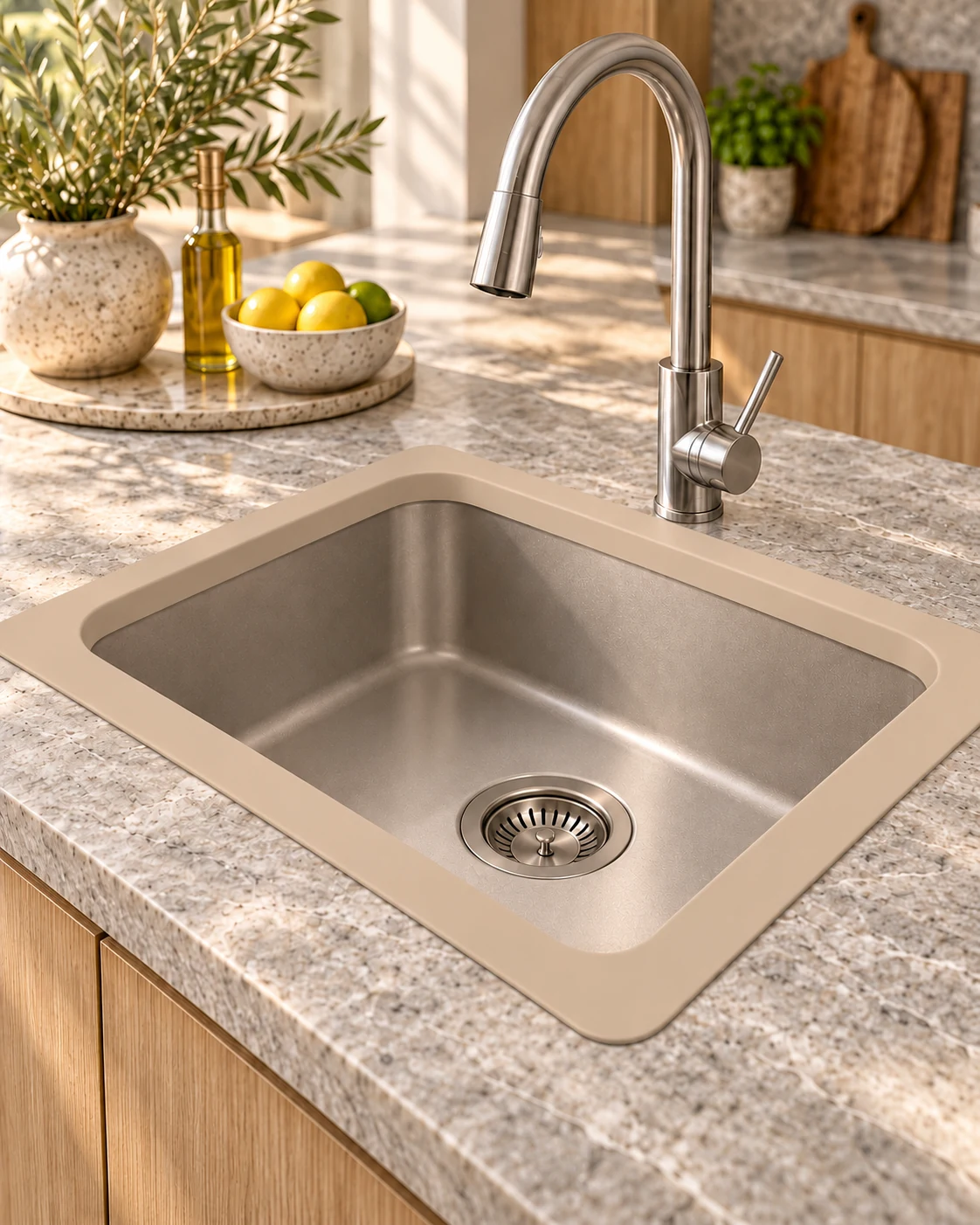 Protenlux beige instalado junto al borde delantero de una encimera