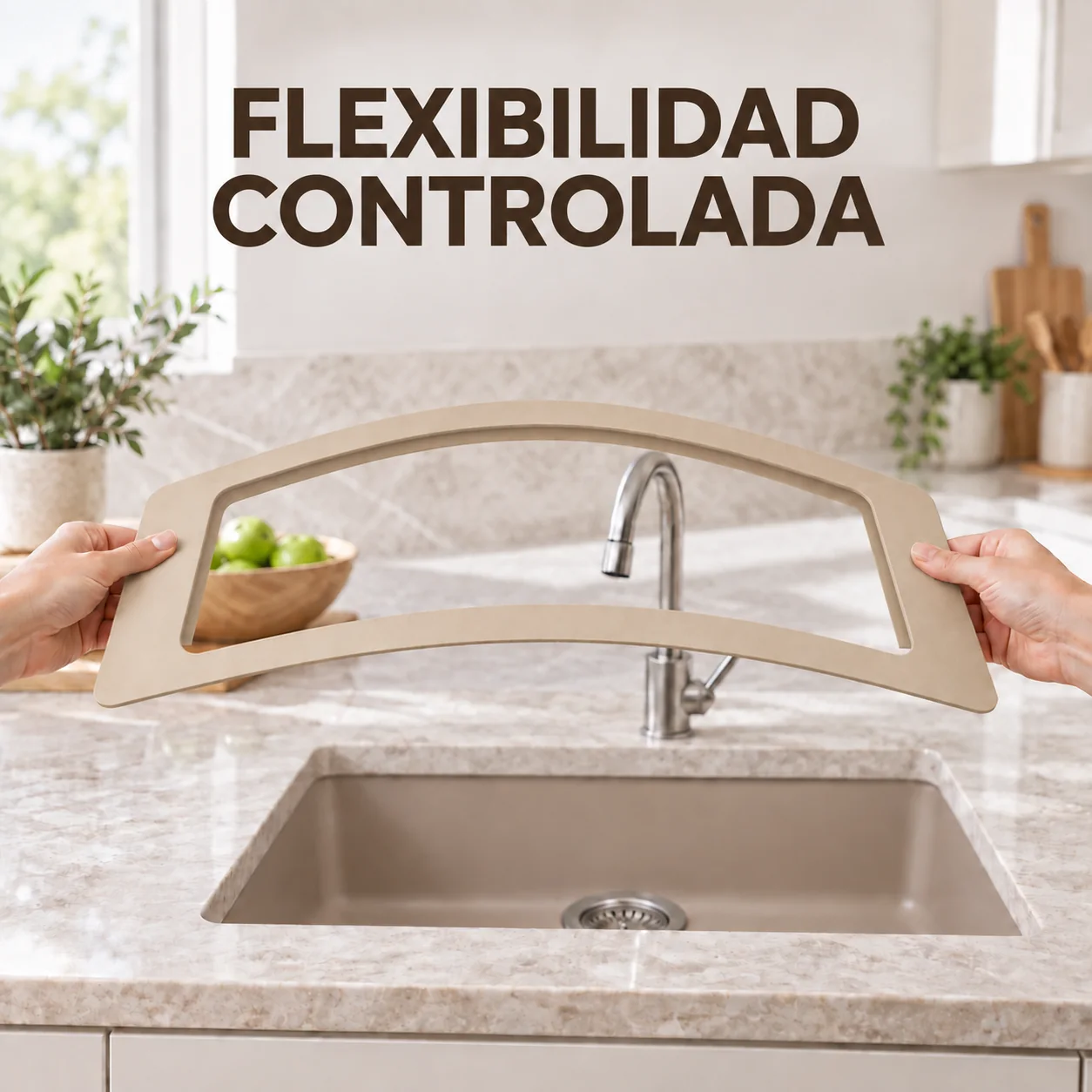 La pieza beige se flexiona con ambas manos para mostrar su elasticidad controlada