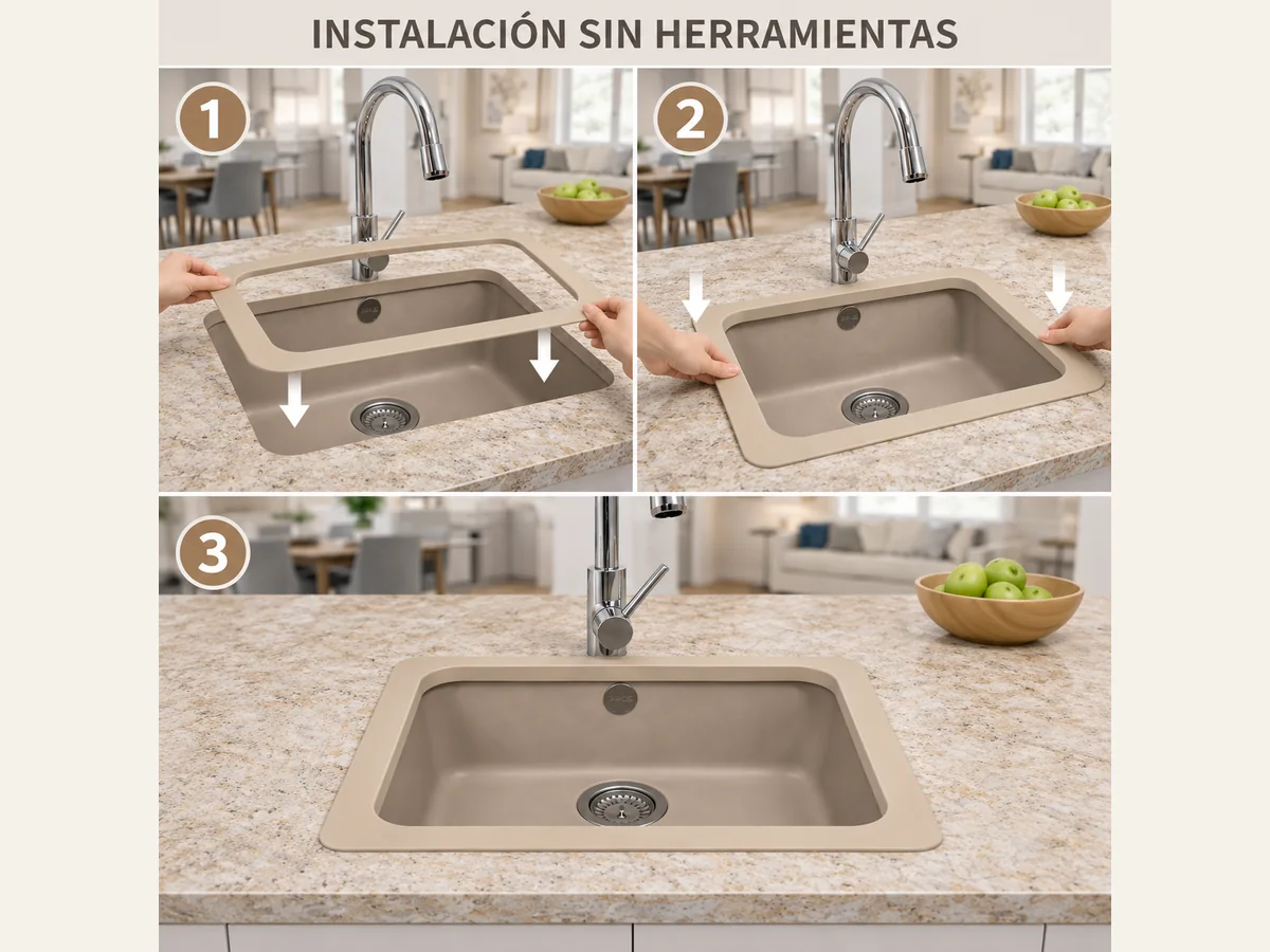Tres momentos de la colocación manual de Protenlux sobre el hueco del fregadero